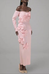 Pink 3D Flower Long Sleeve Midi Dress