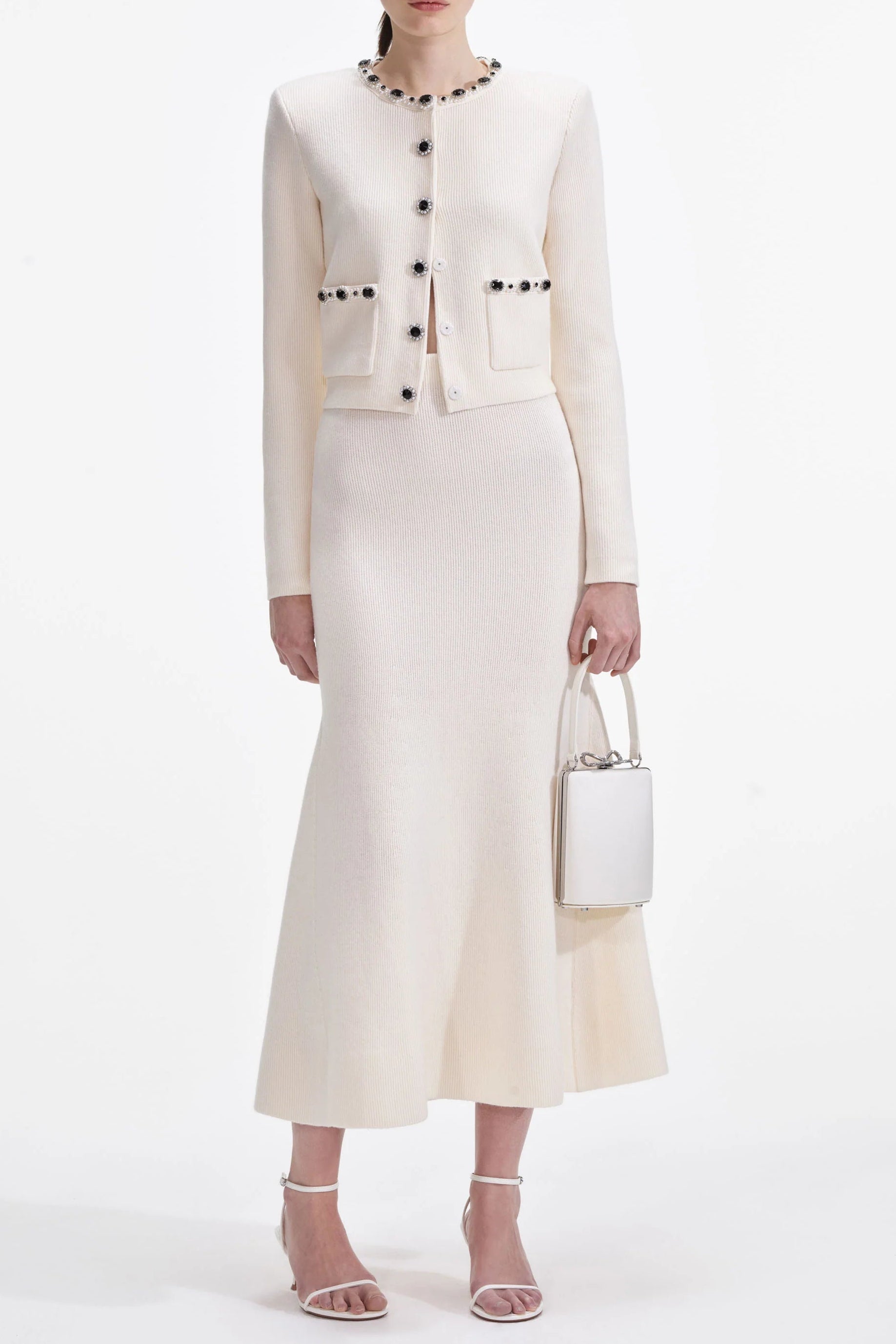 Cream Embellished Cardigan Skirt Set
