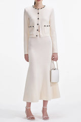 Cream Embellished Cardigan Skirt Set