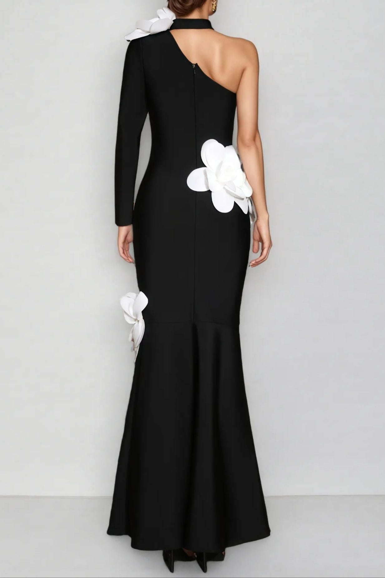 One Shoulder 3D Flower Bandage Maxi Dress in Black