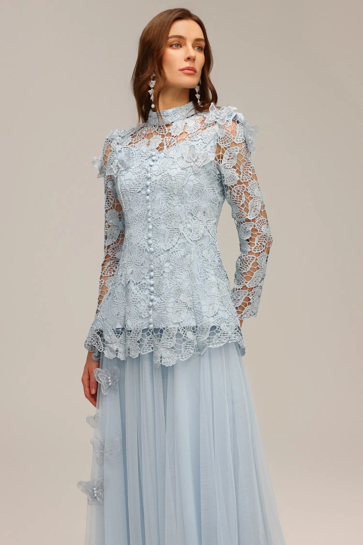 Blue Long Sleeve Folds Lace Top And Skirt Two-Piece Set