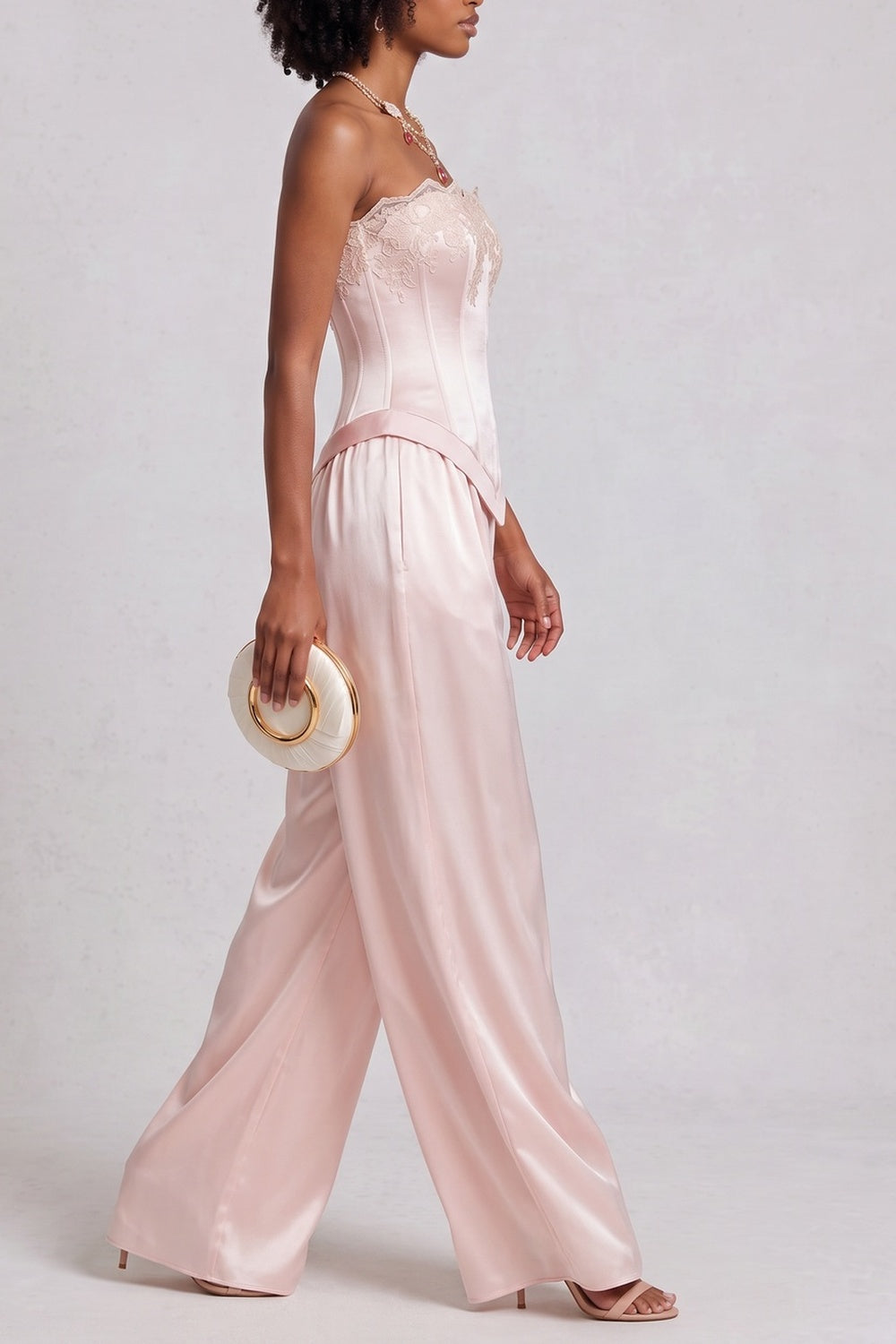Lace Trim Satin Top & Wide Leg Pant Co-ord Set
