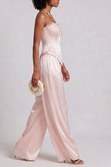 Lace Trim Satin Top & Wide Leg Pant Co-ord Set