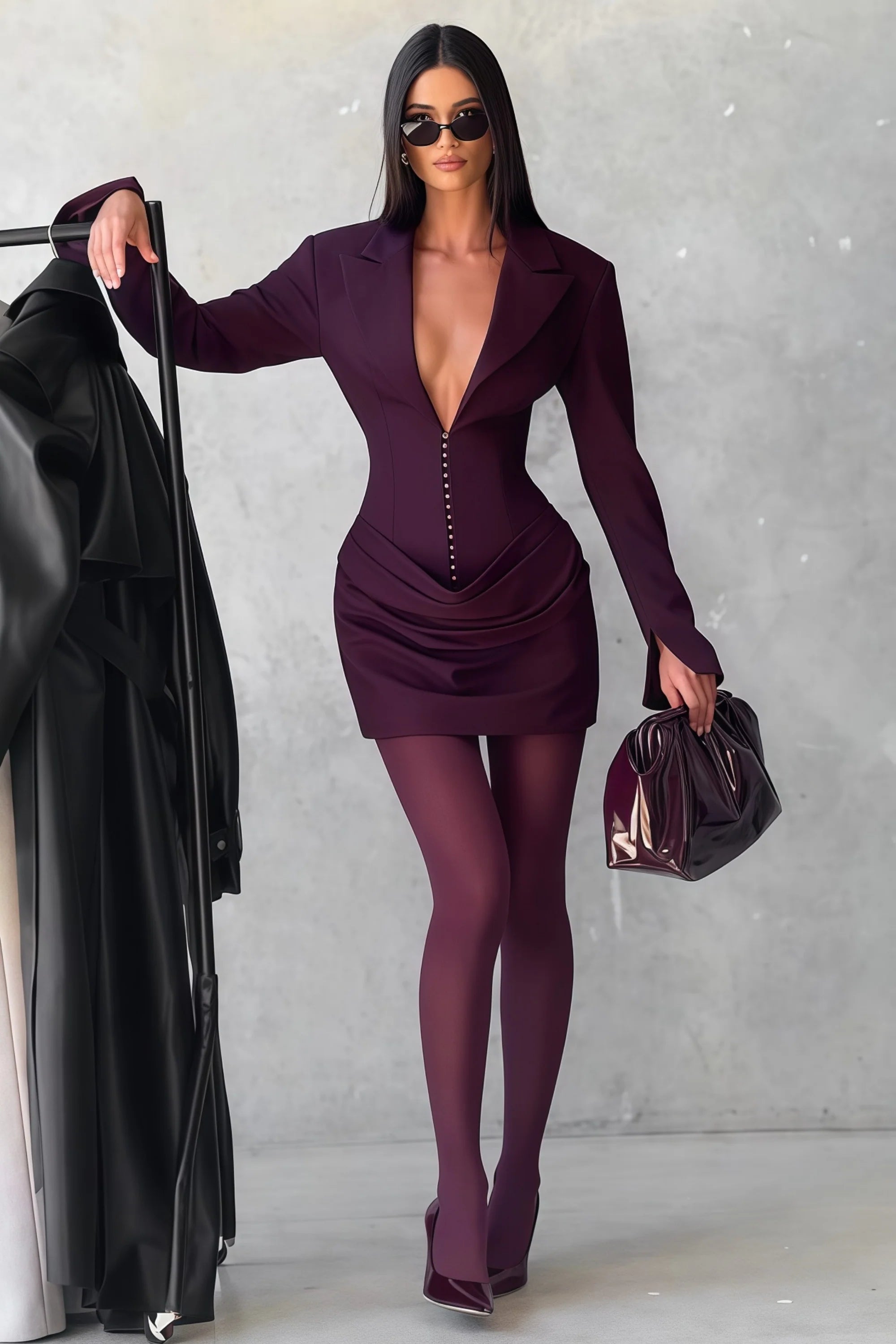 V-Neck Ruched Blazer Mini Dress in Wine Red