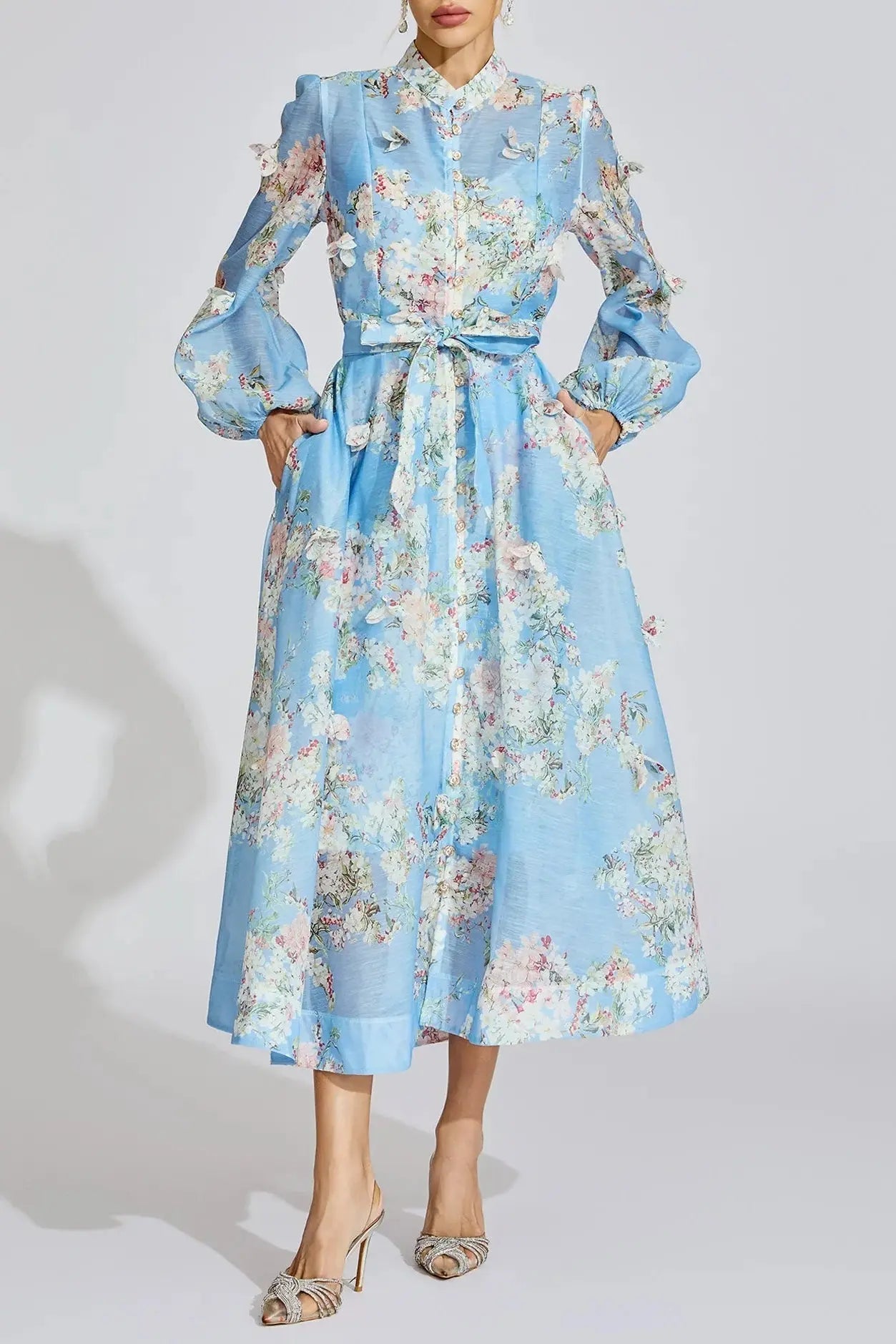 Blue Floral Printed Puff Sleeve Maxi Dress