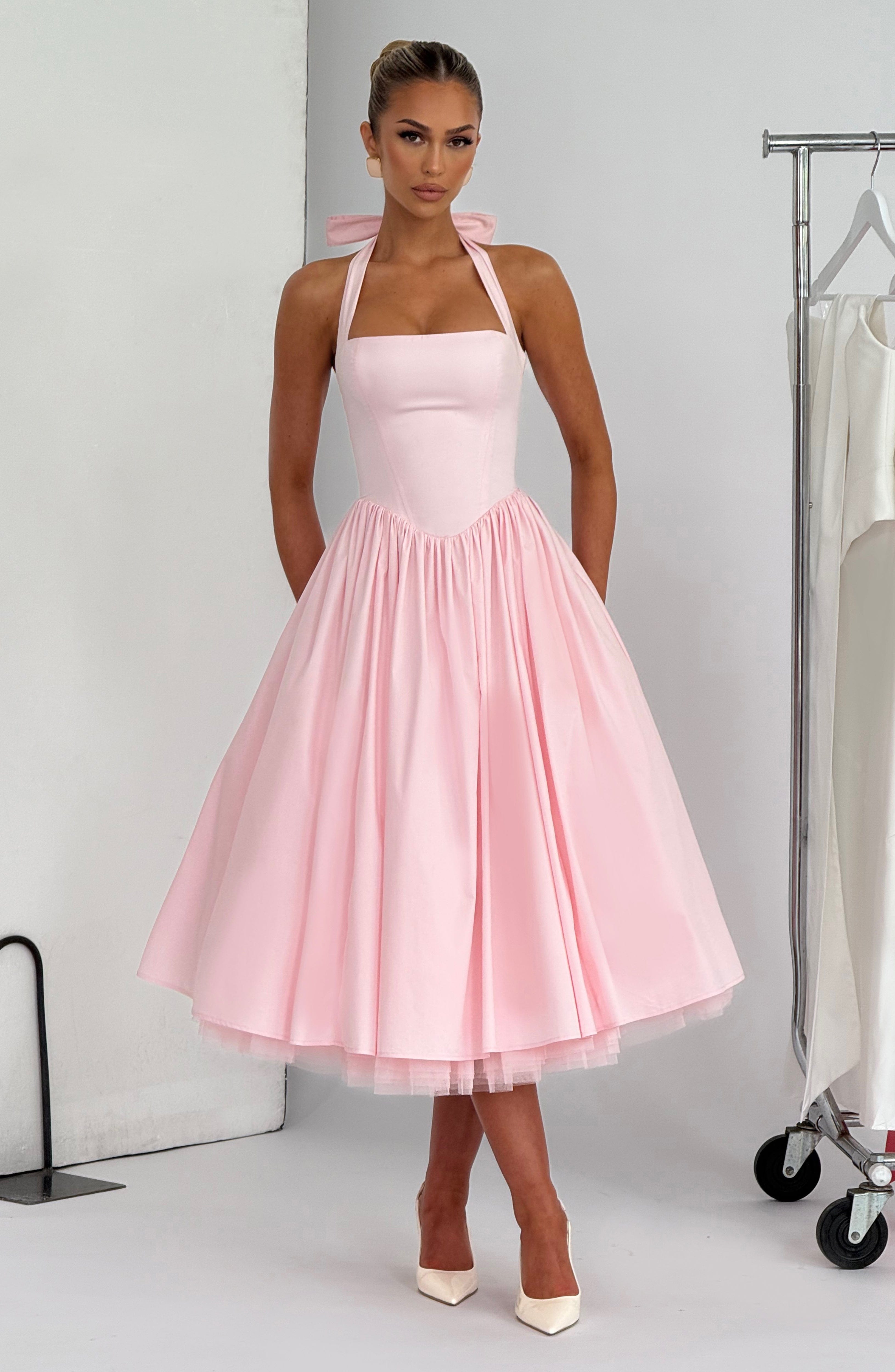 Backless Puffy Midi Dress - Blush