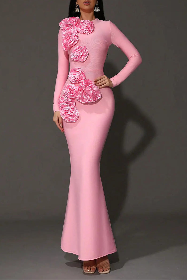3D Flower Bandage Maxi Dress in Pink