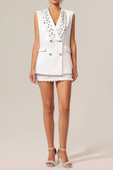 White V-Neck Sleeveless Diamond Midi Suit Top