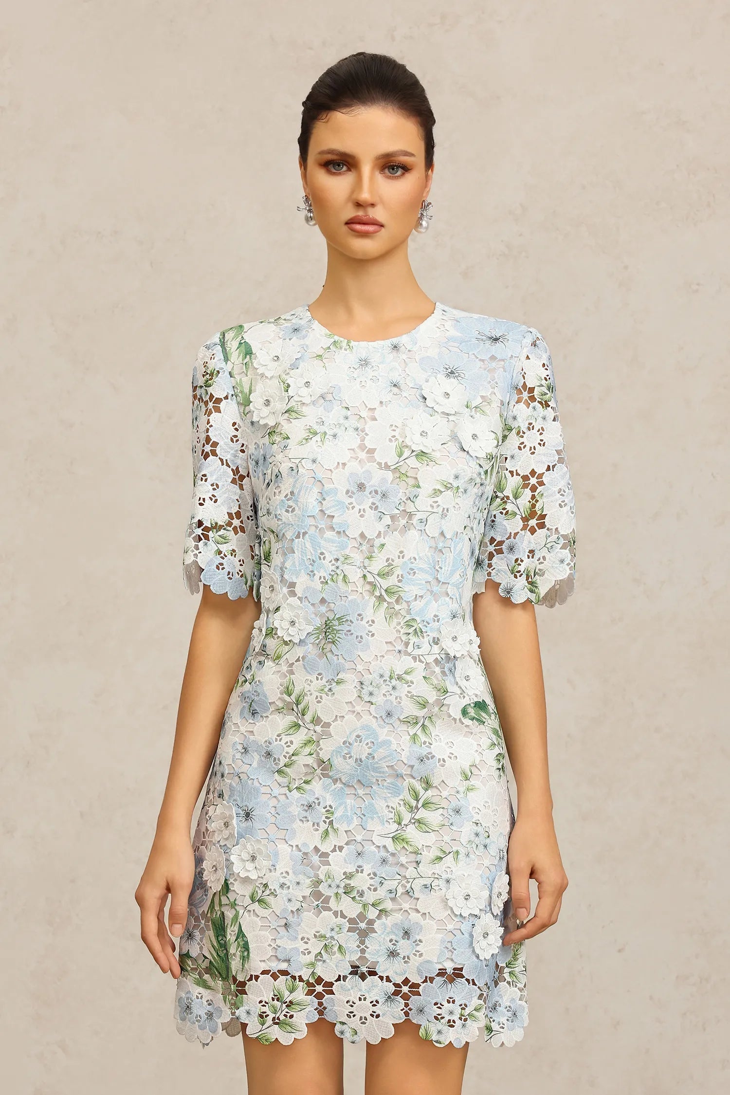Floral Printed Lace Mini Dress in Sky Blue