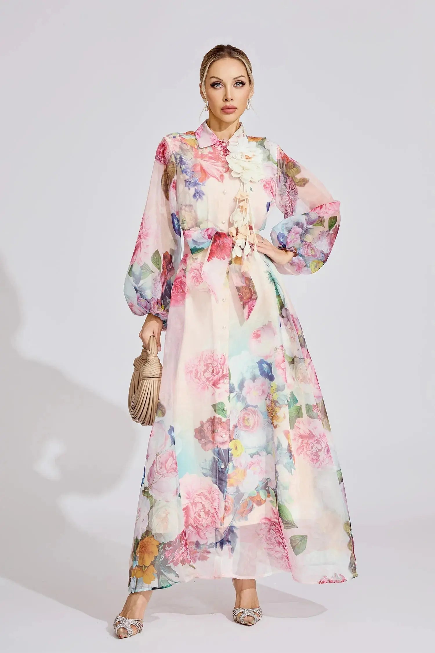 Pink Floral Printed Lantern Sleeve Maxi Dress