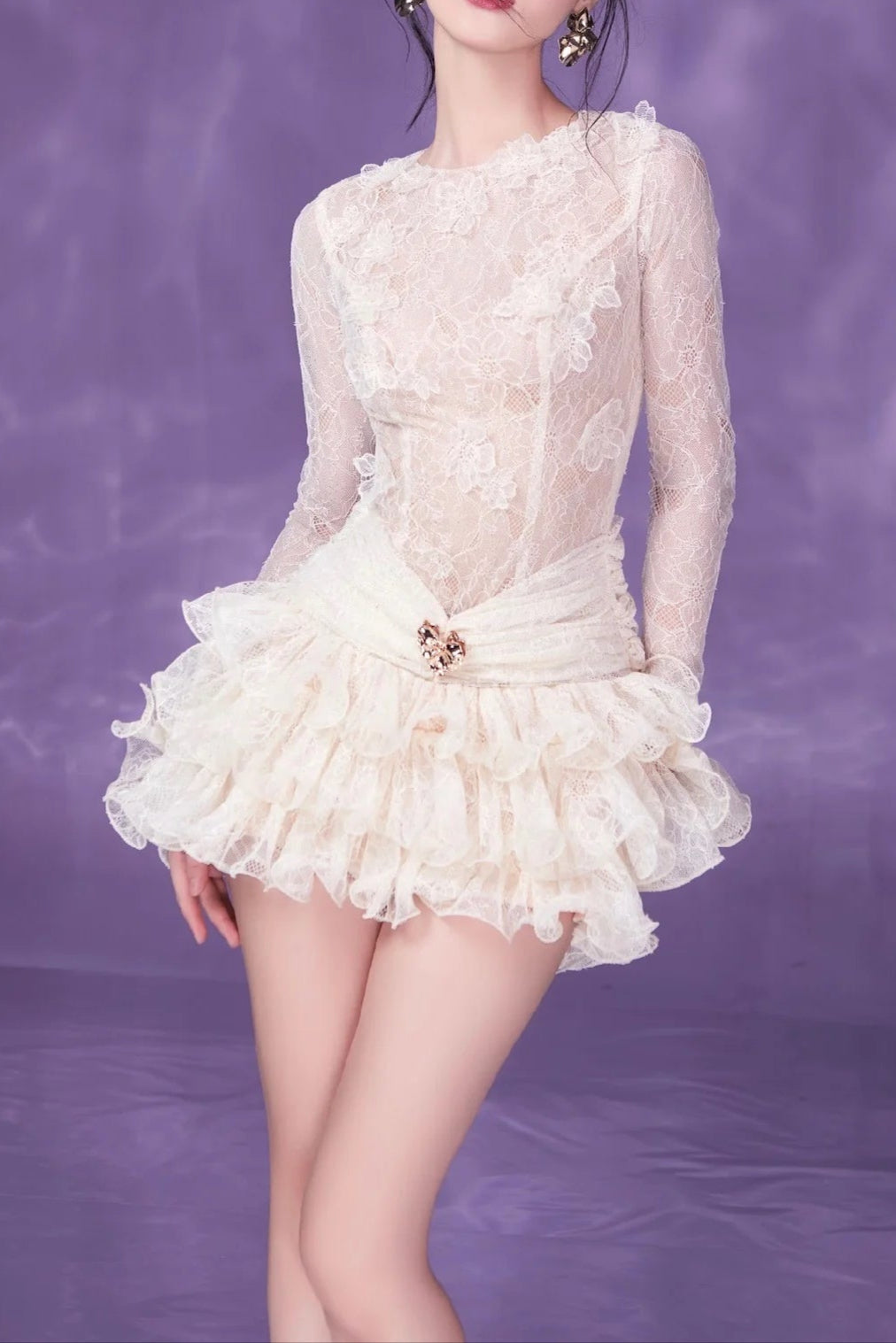 Lace Embroidery Ruched Trim Mini Dress in White