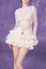 Lace Embroidery Ruched Trim Mini Dress in White