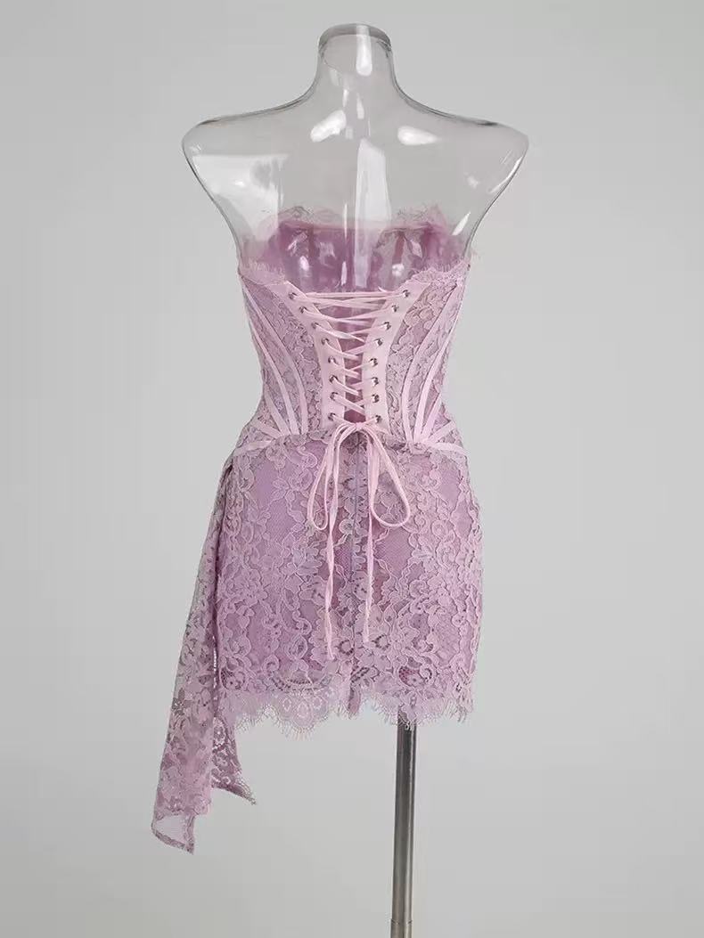 Lace Appliques Mini Dress In Light Purple