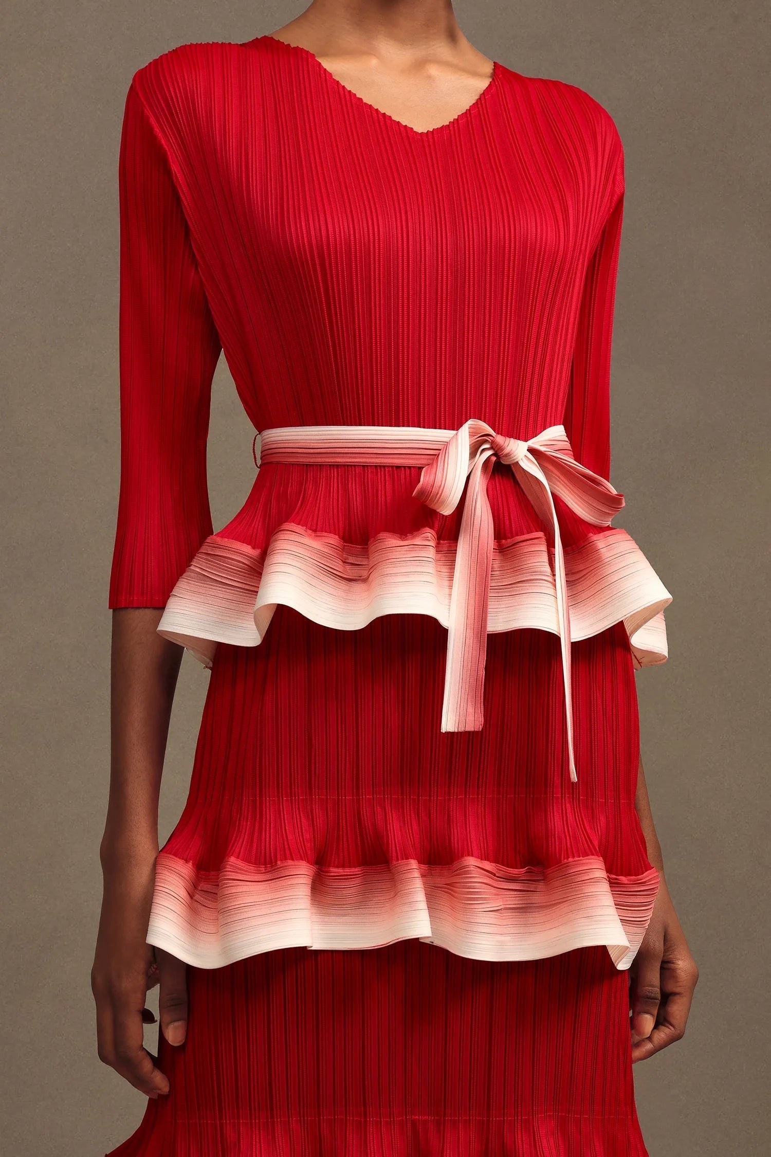 Round Neck Long Sleeve Falbala Woven Maxi Dress in red