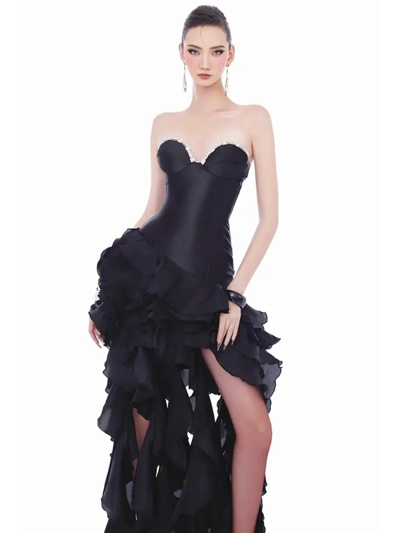 Ruffle Crystal Midi Dress in Black