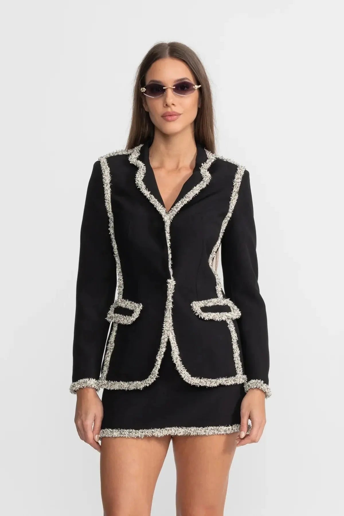 Trim Blazer Matching Mini Skirt Set - Black