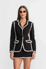Trim Blazer Matching Mini Skirt Set - Black