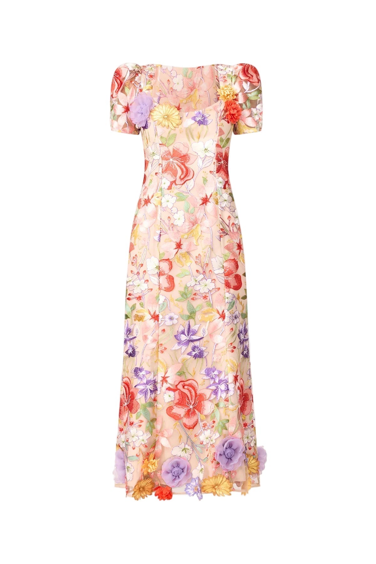 Square Neck Backless Mesh Embroidered Maxi Dress