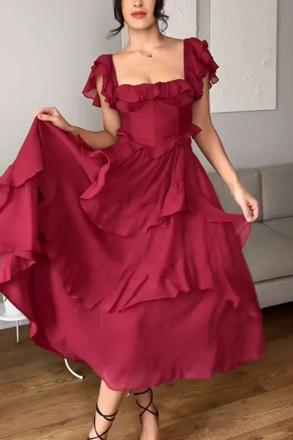 Square Neck Ruffle Sleeves Backless Dress