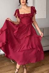 Square Neck Ruffle Sleeves Backless Dress