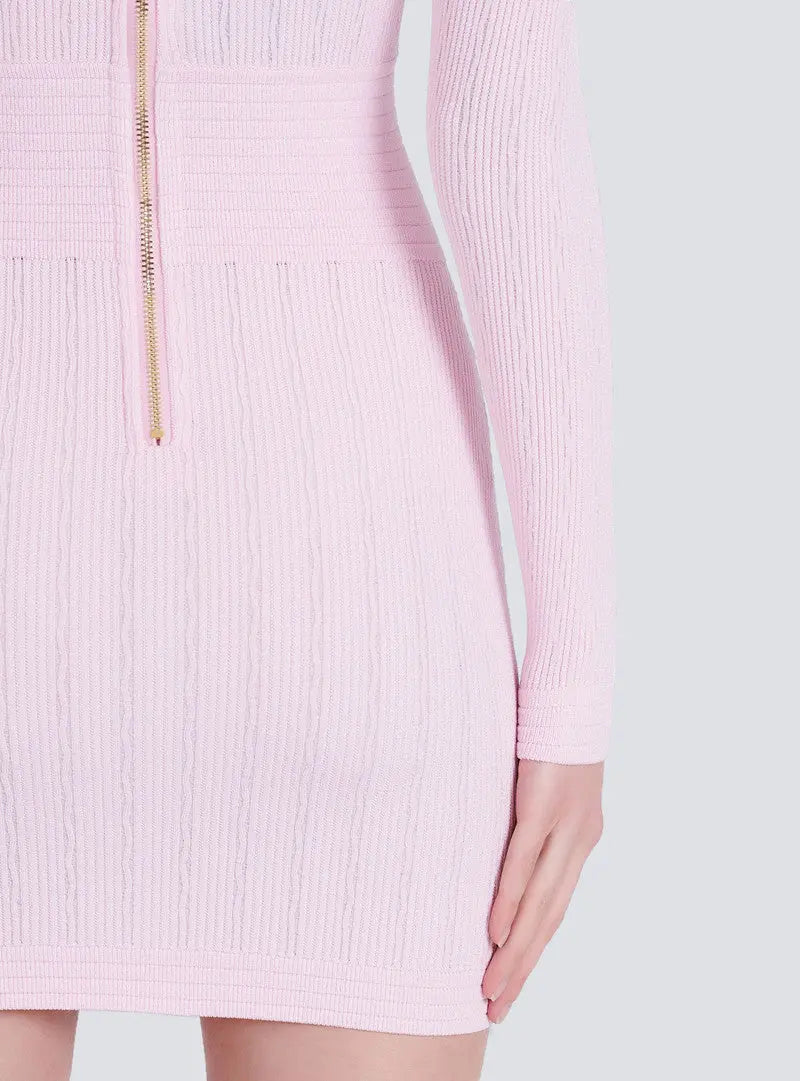 V-Neck Button-Detail Ribbed Mini Dress in Pink