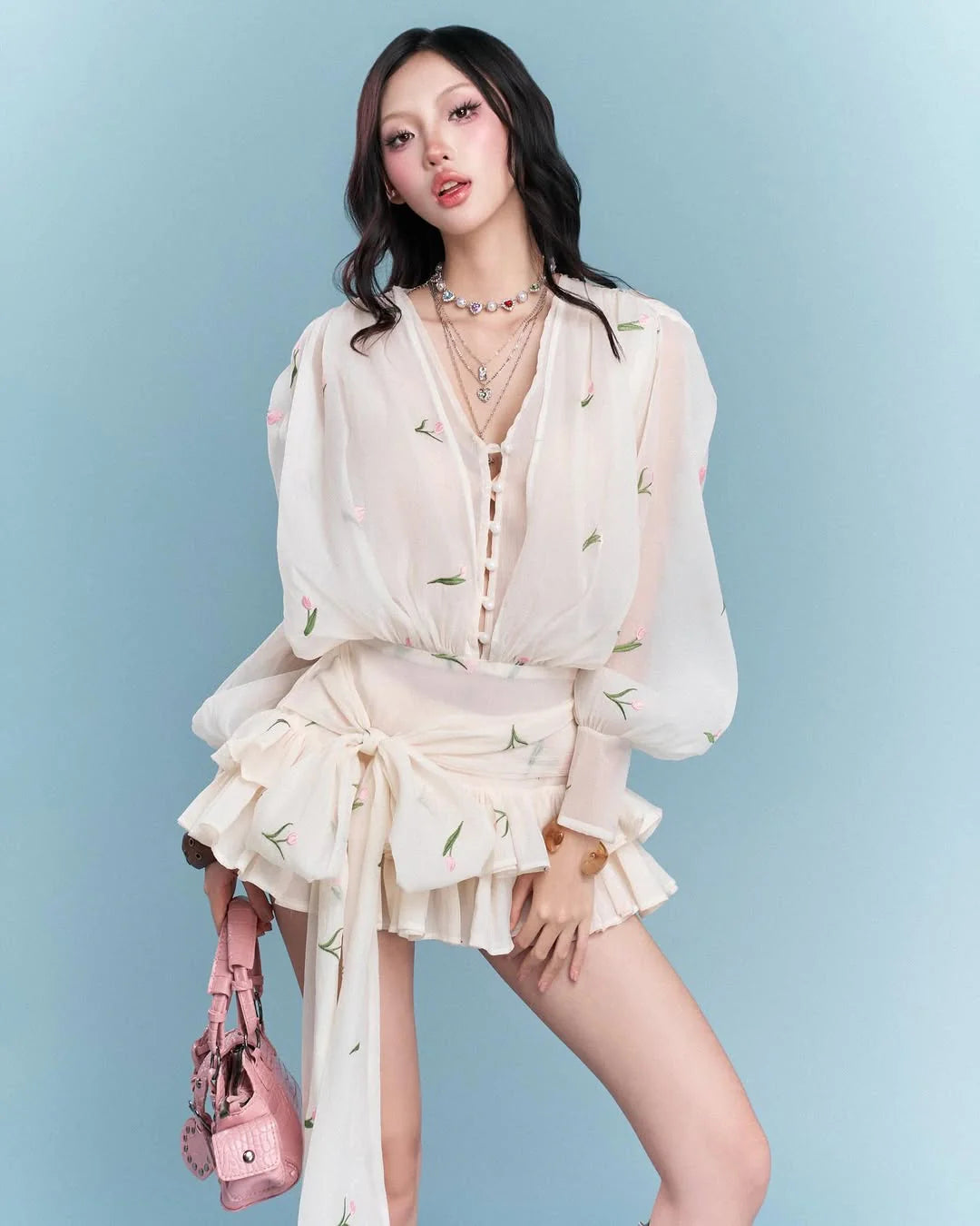 Embroidered Floral V-neck Ruffle Mini Dress in Apricot