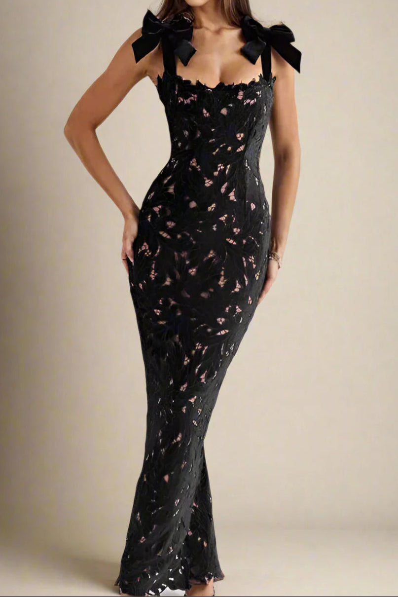 Strap Embroidered Lace Maxi Dress in black