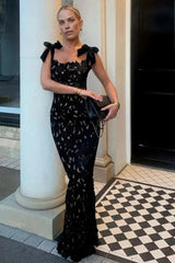 Strap Embroidered Lace Maxi Dress in black