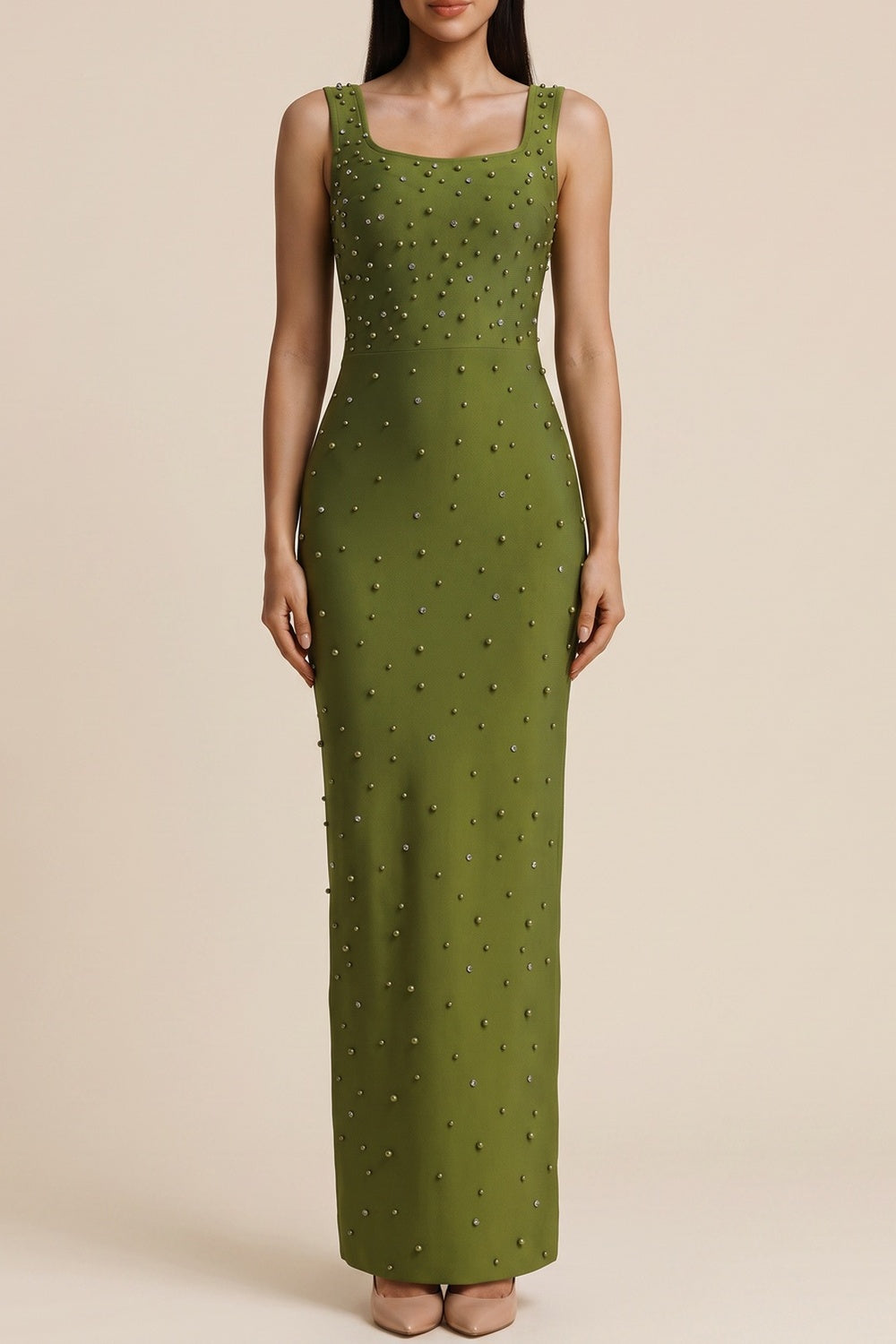 Square Neck Sleeveless Rhinestone Maxi Dress