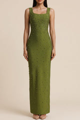 Square Neck Sleeveless Rhinestone Maxi Dress
