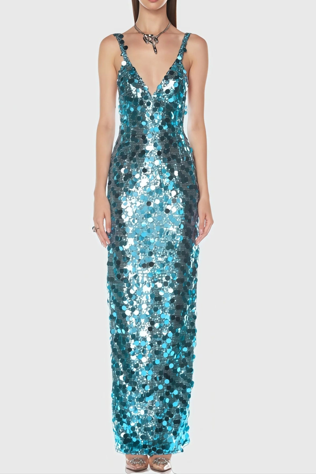 Sequin Deep V Maxi Dress in Blue