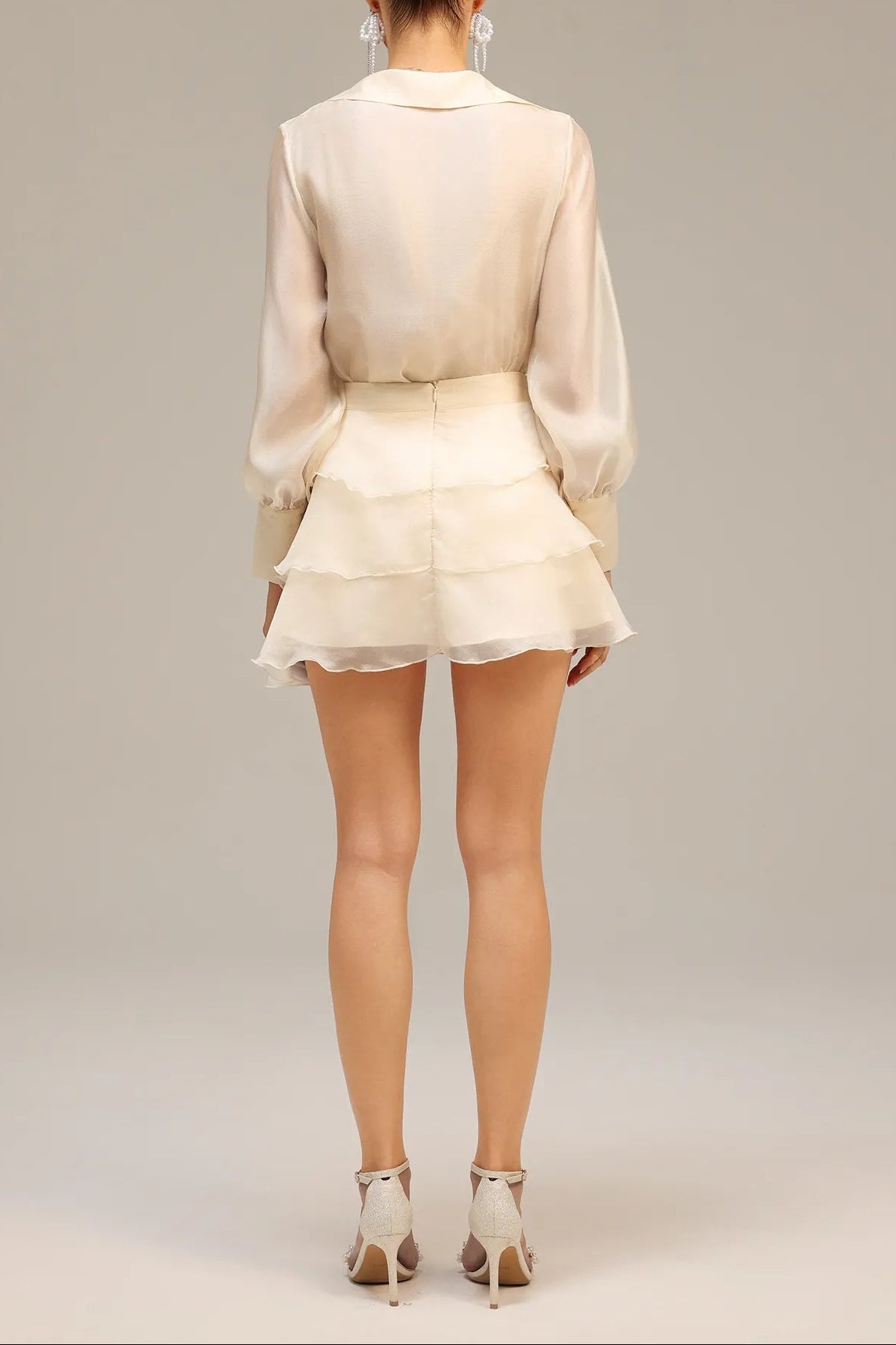 Wrap V-Neck Organza Shirt Mini Dress in Apricot