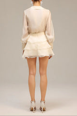 Wrap V-Neck Organza Shirt Mini Dress in Apricot