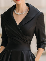 Vintage-Inspired Satin Midi Dress With Collar
