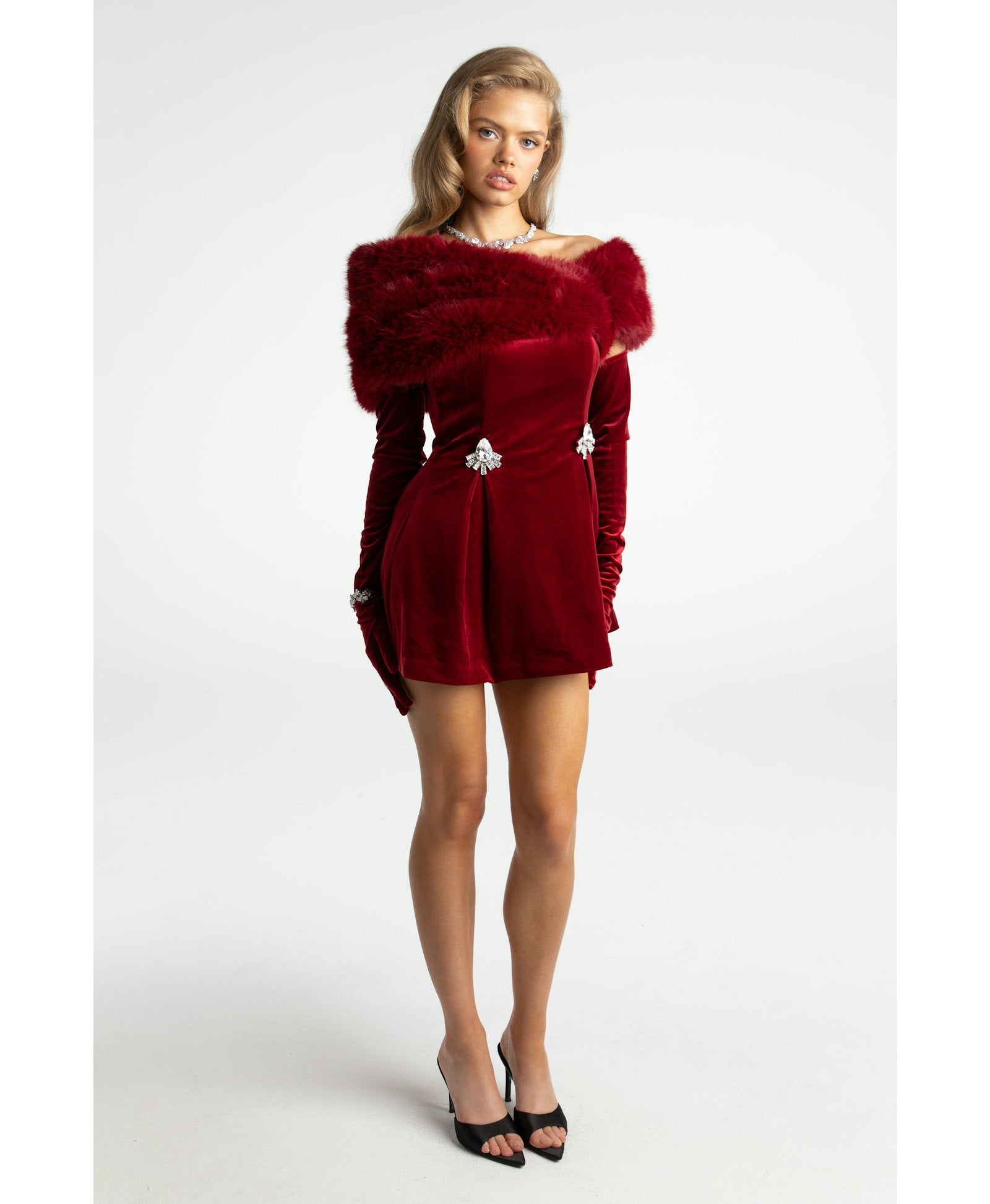 Long Sleeve Fur Mini Dress in Red