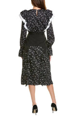 Floral Print Ruffle Trim Midi Dress in Black