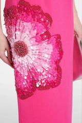 Sequin Flower Embellished Puff Sleeve Midi Dress in Pink