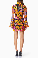 Orange Flower Embroidered Long Sleeves Mini Dress