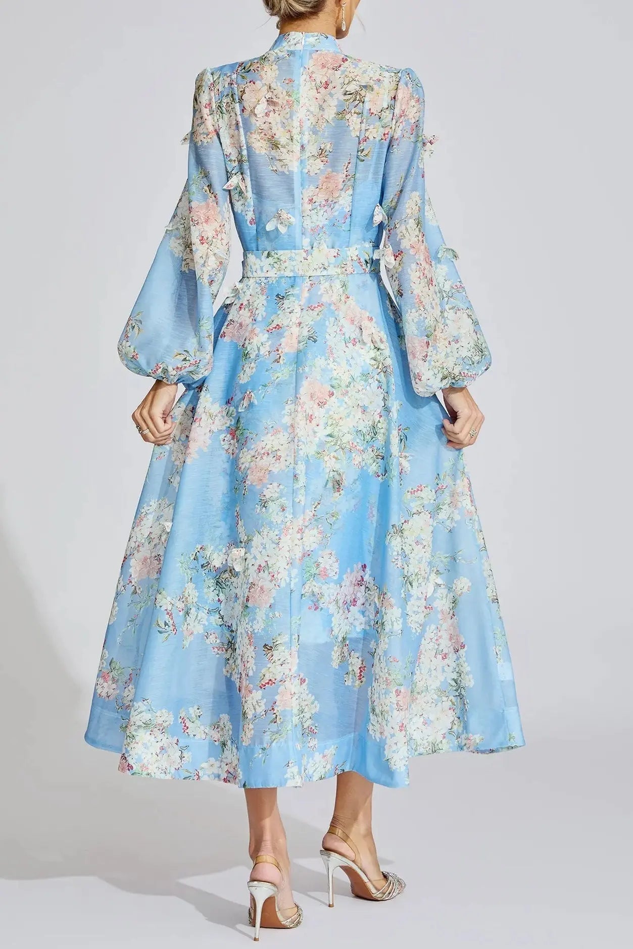 Blue Floral Printed Puff Sleeve Maxi Dress