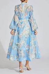 Blue Floral Printed Puff Sleeve Maxi Dress