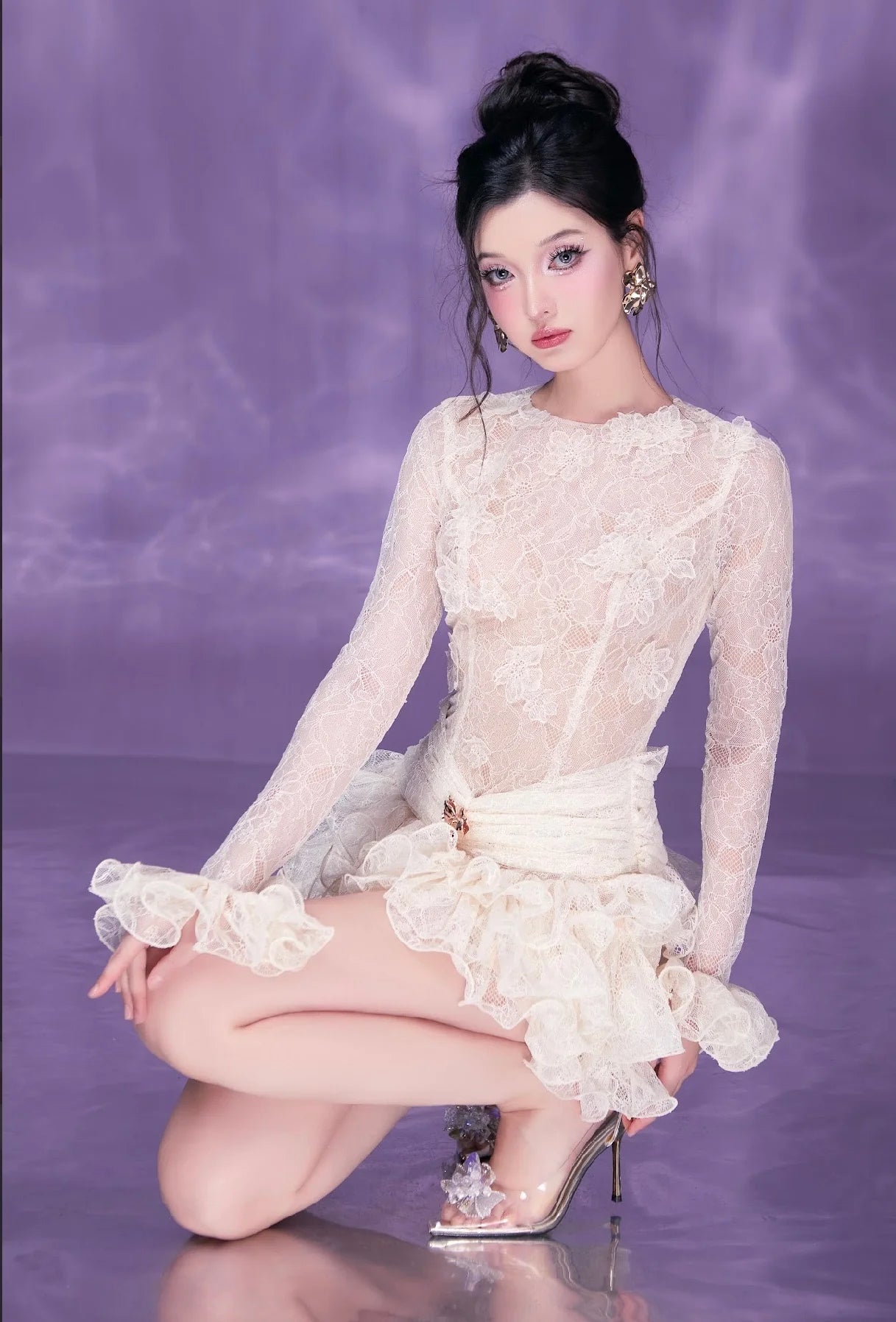 Lace Embroidery Ruched Trim Mini Dress in White