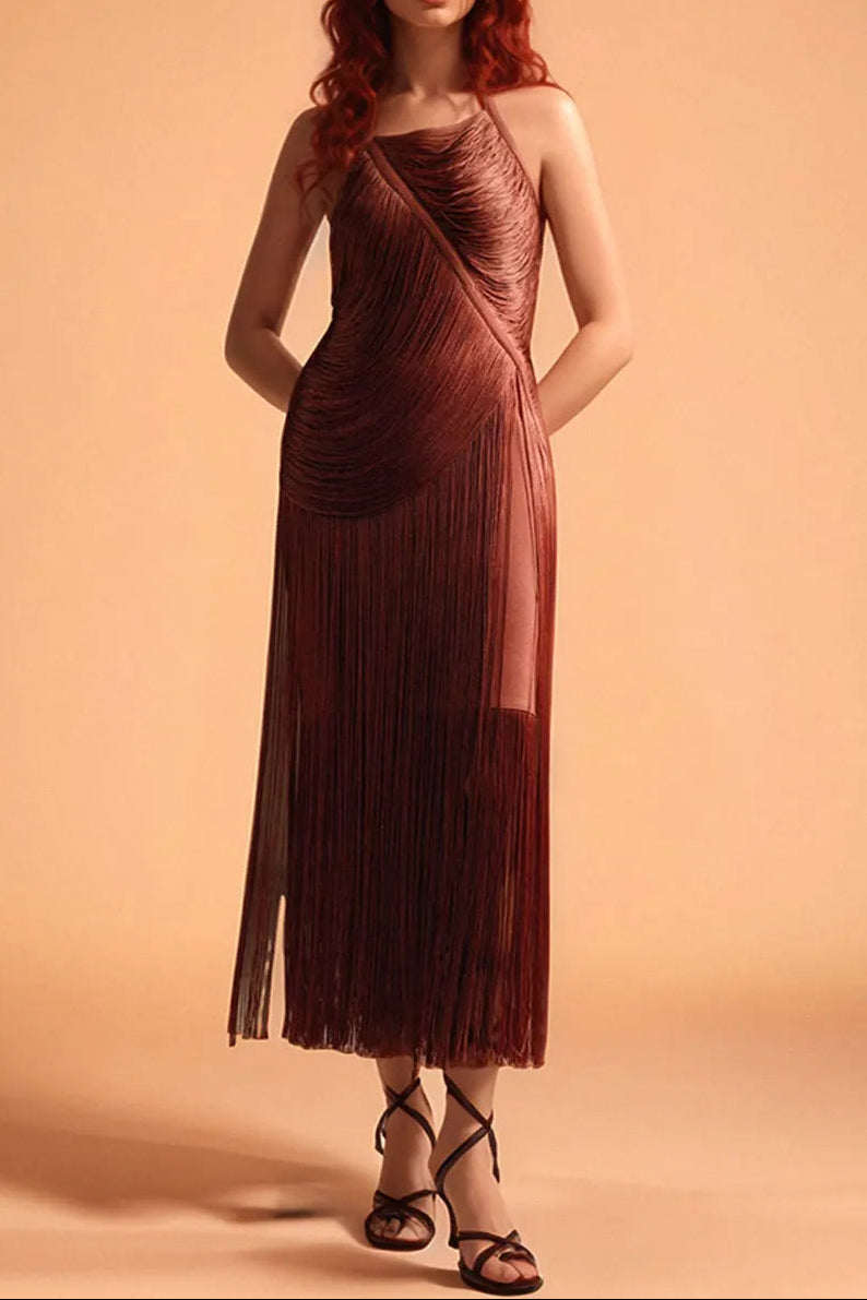 Halter Fringe Maxi Dress in Brown