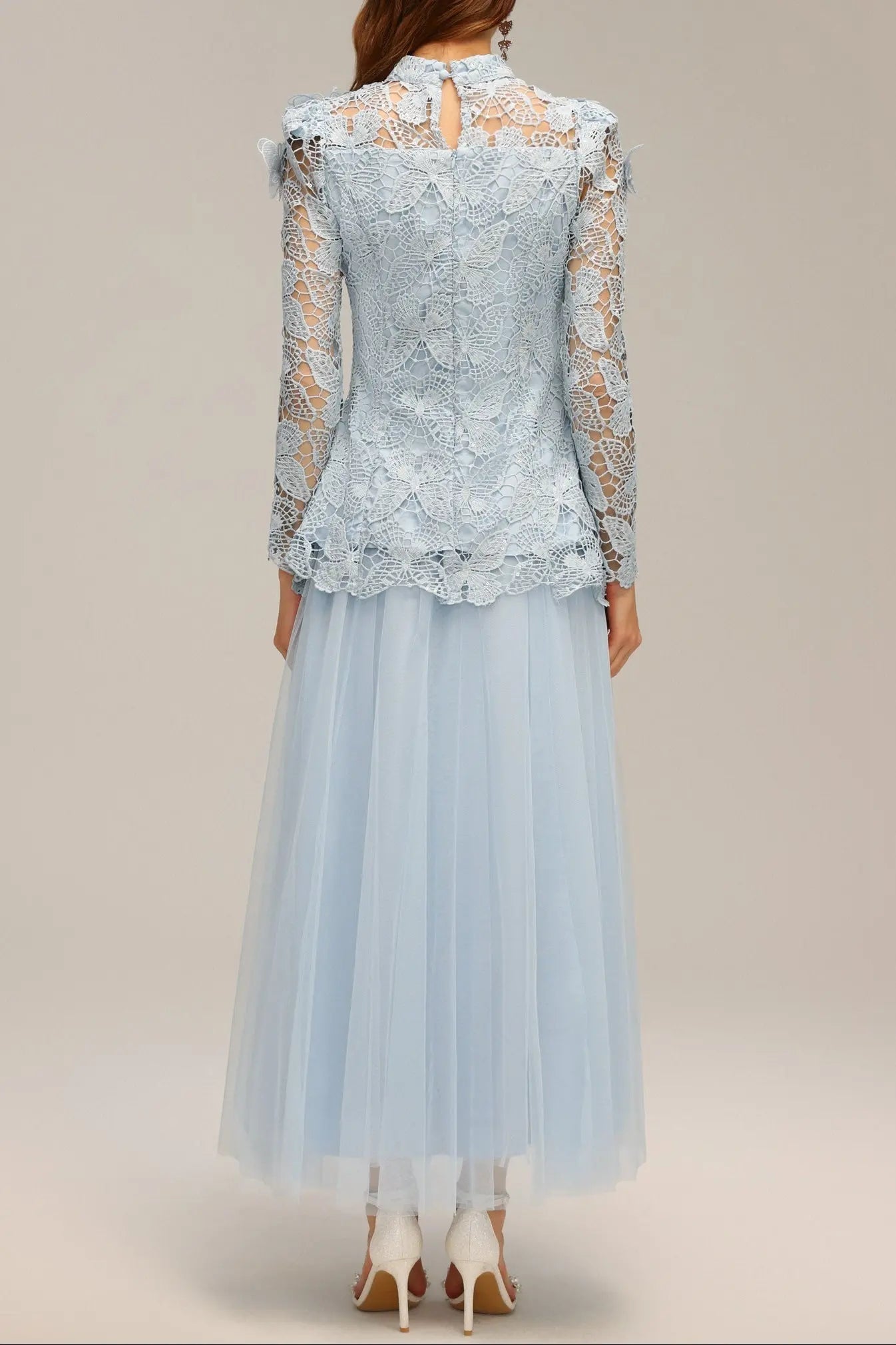 Blue Long Sleeve Folds Lace Top And Skirt Two-Piece Set