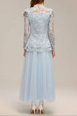 Blue Long Sleeve Folds Lace Top And Skirt Two-Piece Set