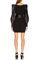 Black Square Neck Satin Mini Dress with Belt