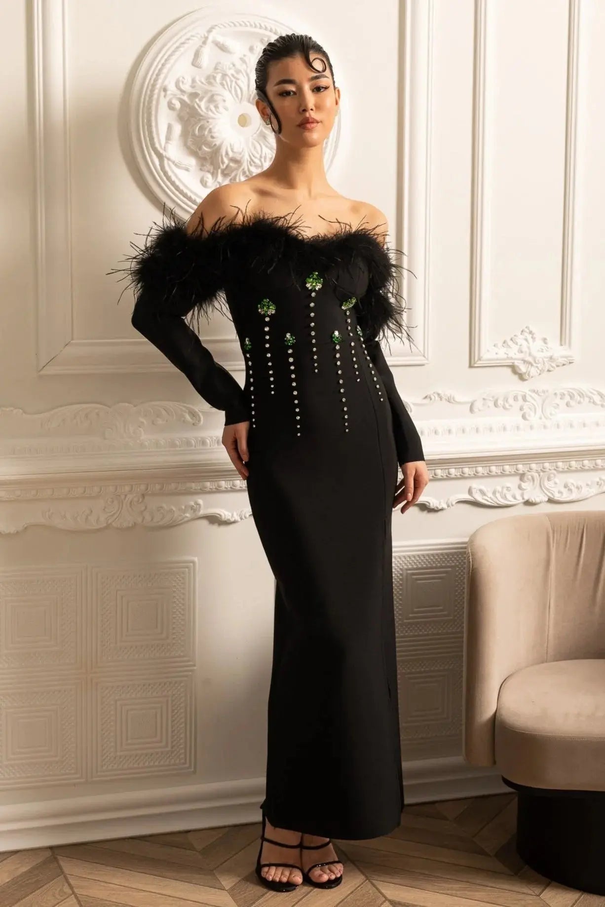 Sequin High Feather Adorned Maxi Dress - Black