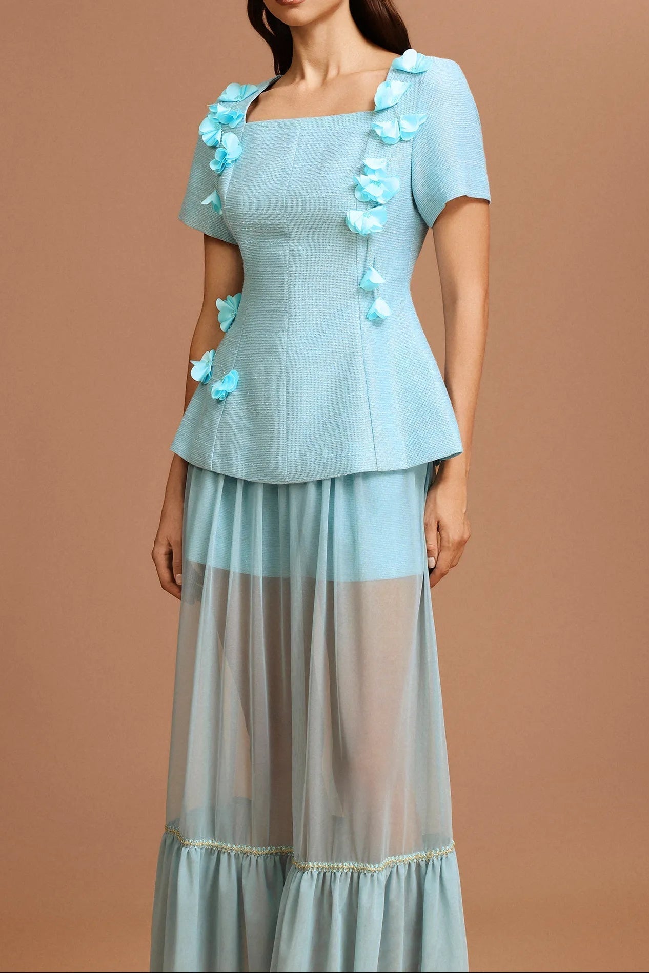 Blue Short Sleeves Flowers Folds Top and Skirt Two-Piece Set
