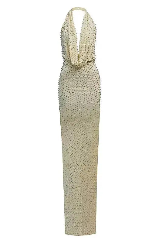 Stephanie Beading Embellished Halter Backless Maxi Dress in Butter