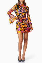 Orange Flower Embroidered Long Sleeves Mini Dress