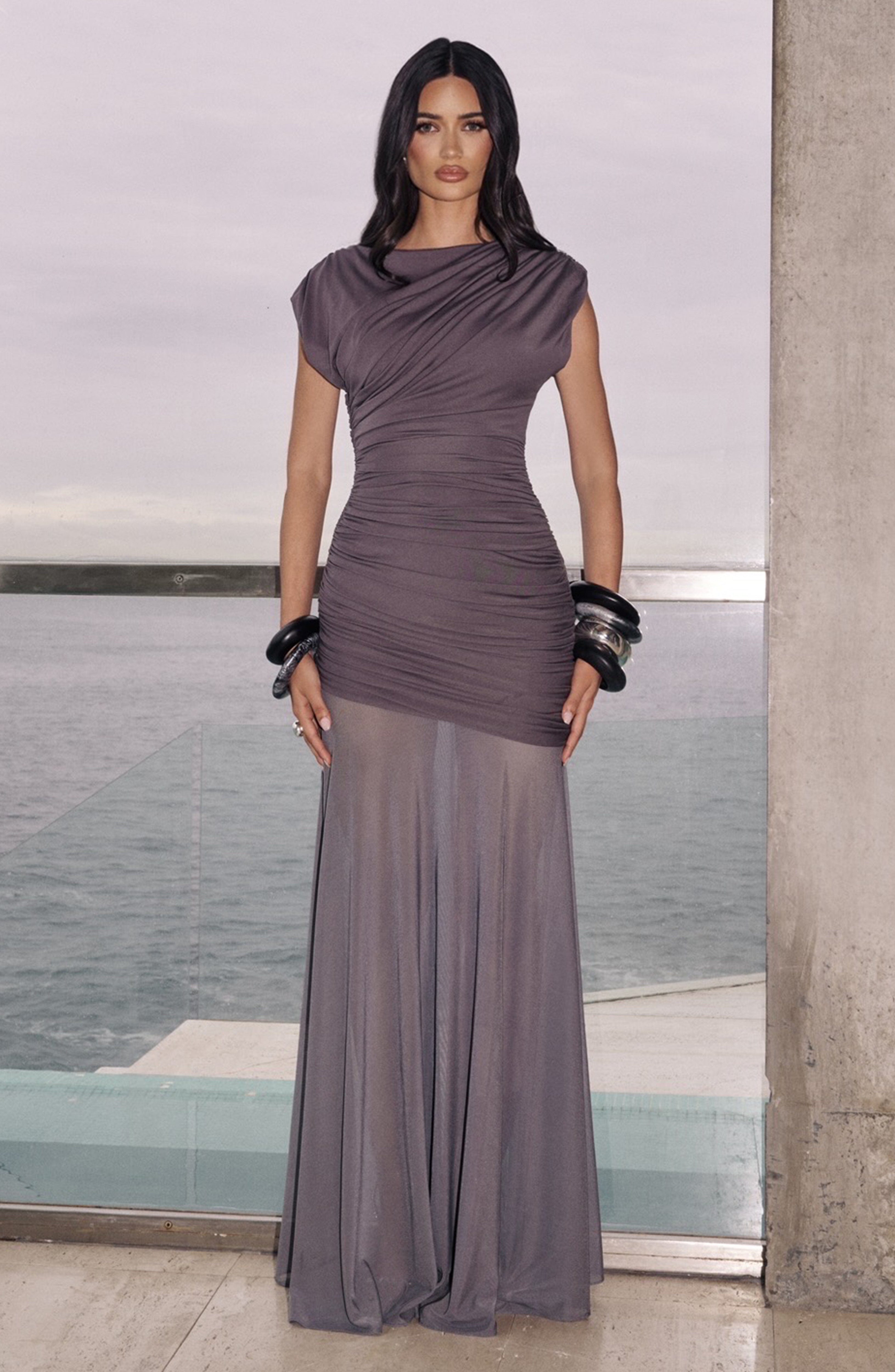 Ruched Sleeveless Maxi Dress - Charcoal